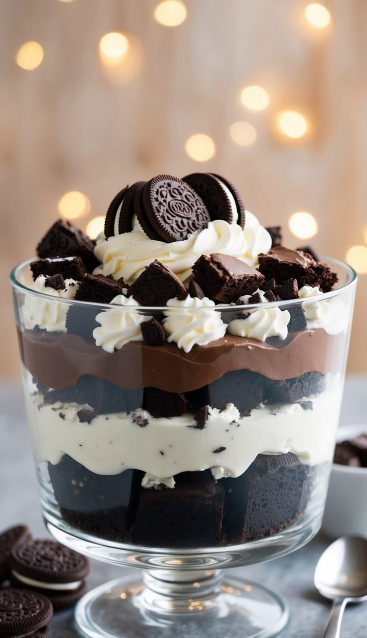 Chocolate Oreo brownie trifle dessert layered in a glass bowl with whipped cream.