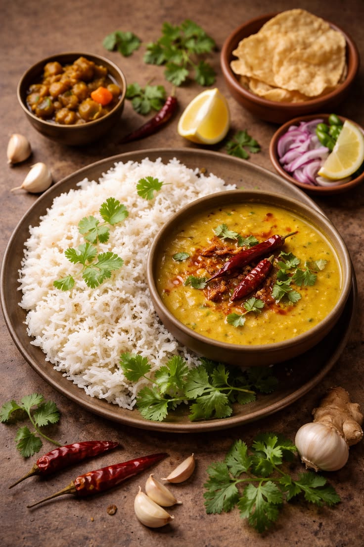 Indian Dal Tadka lentil curry topped with fried red chilis and coriander, served with basmati rice.