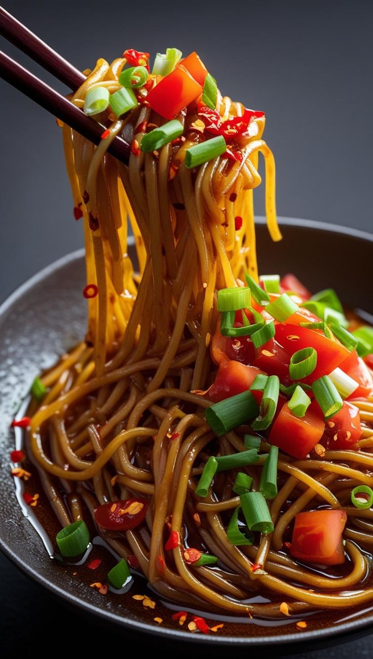 Spicy Schezwan noodles in a rich savory sauce garnished with fresh scallions and chili flakes.
