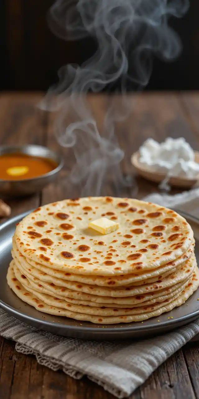 Stack of hot Indian flatbread rotis with rising steam and a pat of butter.